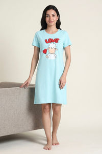 Zivame Farm Lore Knit Cotton Knee Length Nightdress - Tanger Turquoise — thumbnail 1